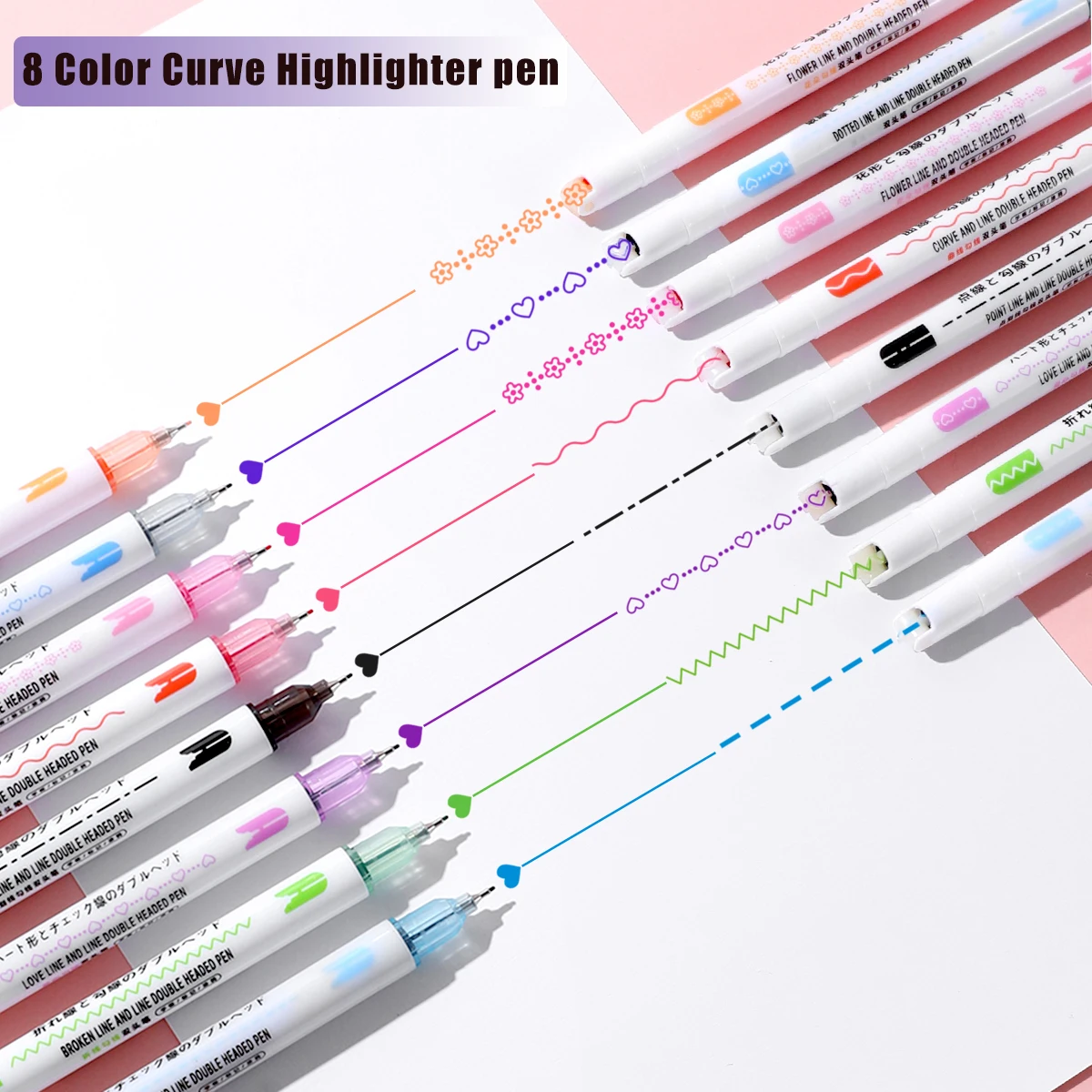 8 Stück Dual-Line-Konturstifte, Curve-Stifte mit zwei Spitzen, mehrfarbige, lustige, gebogene Stifte, schnell trocknende Marker, Textmarker für Notizen, Cur