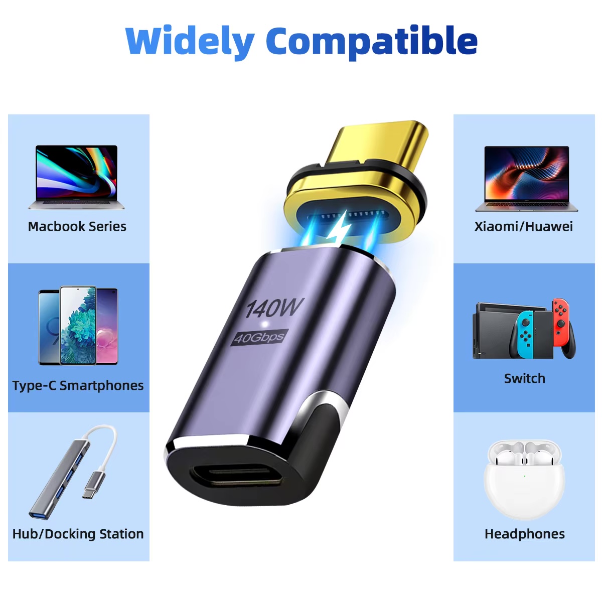 Usb4.0 thunderbolt3 magnético usb c para tipo c adaptador 140w 40gbps cabo conversor de carga magnética de carregamento rápido 8k @ 60hz USB-C adaptar