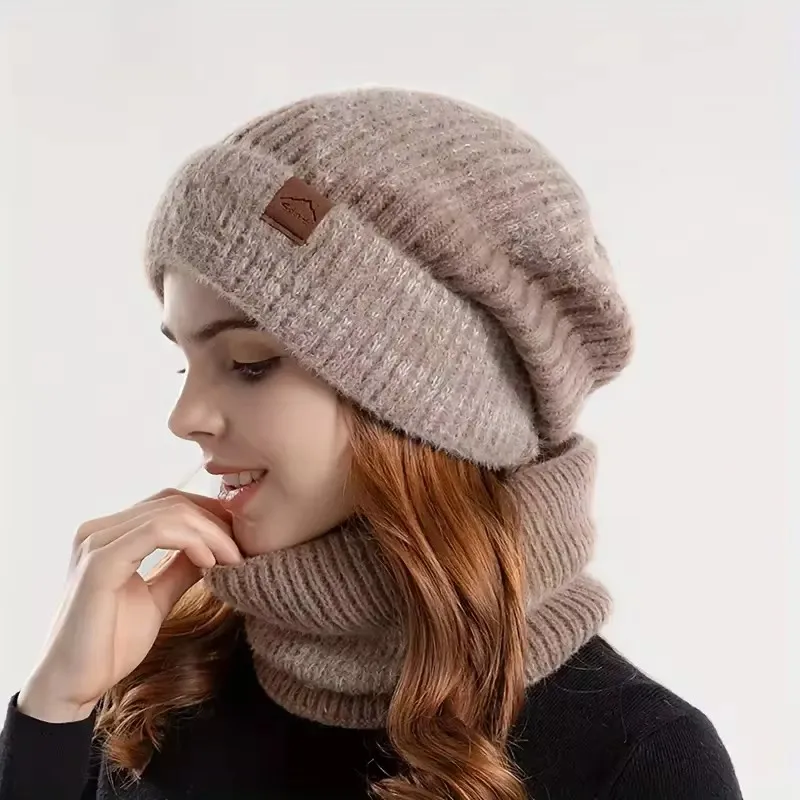 Gorro de punto bicolor para mujer con babero de terciopelo, gorro grueso, orejeras cálidas, cumpleaños, San Valentín, invierno