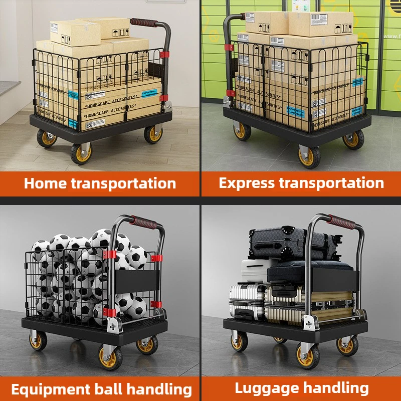 Fence flatbed cart folding silent trolley household pull trolley handling four-wheeled small trailer small pull truck