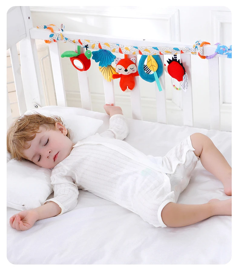 Cochecito de cama suave para cuna infantil, juguete en espiral, sonajeros móviles texturizados, juguetes de peluche de animales colgantes, toalla educativa para asiento de coche para recién nacidos
