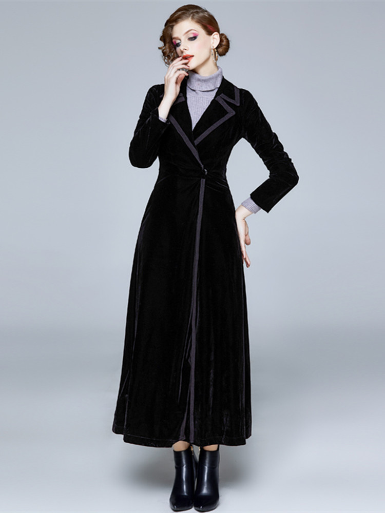 JAMERARY 冬の滑走路ベルベットマキシコート女性ヴィンテージノッチ襟ラップ黒厚く暖かいロングトレンチコート生き抜く