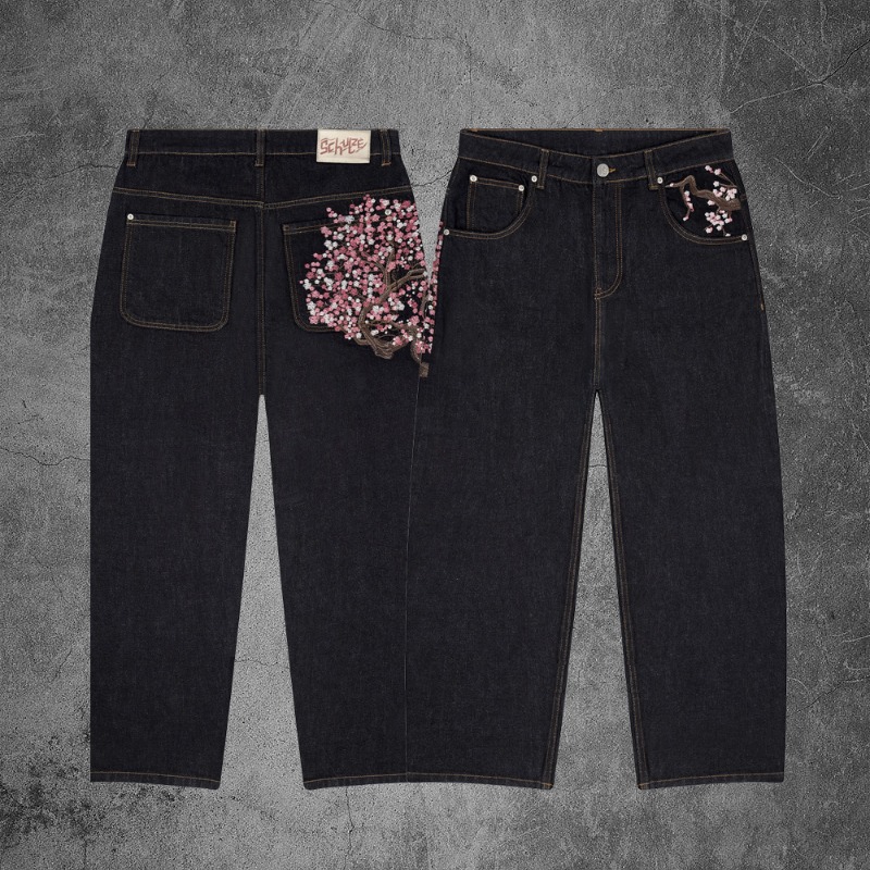 Y2k модные мешковатые джинсы Harajuku ретро цветочная вышивка мужские брюки готическая уличная одежда унисекс прямые джинсовые брюки