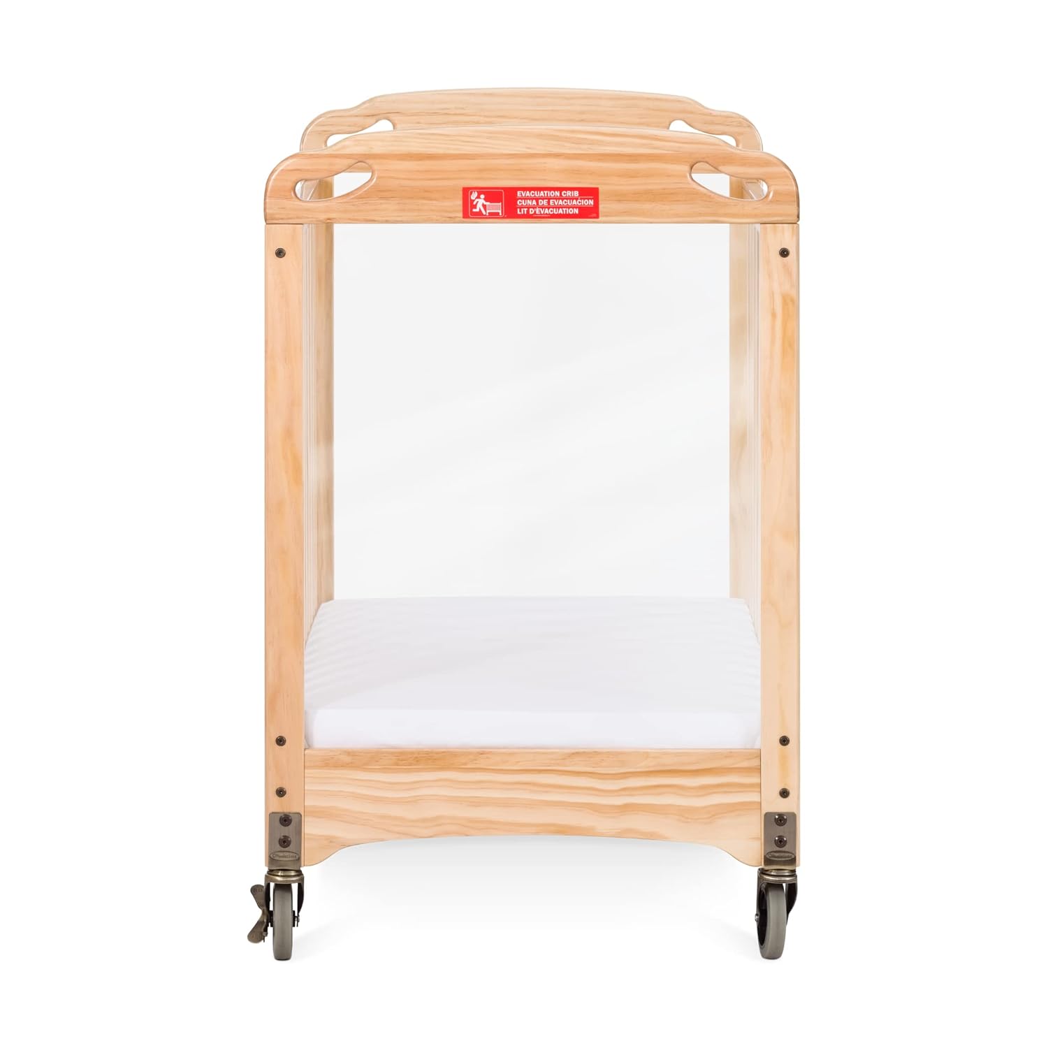 Safe Haven Daycare Evacuation Wooden Compact Portable Crib with 4" Casters, Features Clearview End Panels, Durable Wood