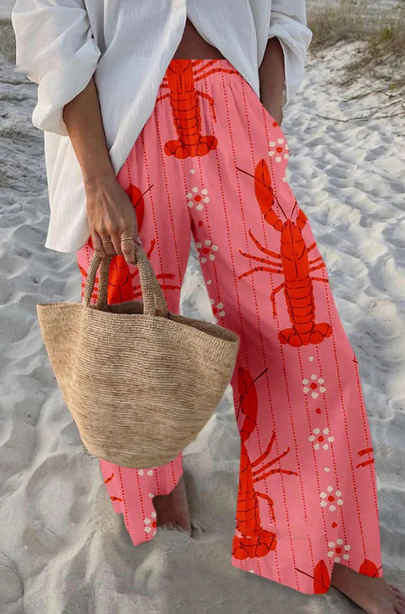 Ladies Beach Pants High Quality Pure Cotton Fabric Blue Fish Graphic Printing Chic Trend Fashion New Loose Wide Leg Trousers