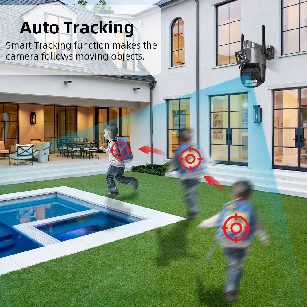 Cámara inalámbrica Wifi de doble lente PTZ de 8MP, 4K, cámara de vigilancia humana Ai para exteriores, detección de cámara IP de seguridad, seguimiento automático, aplicación iCSee