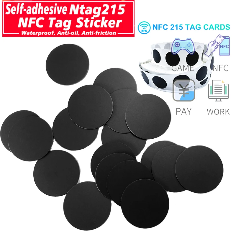 10/50/100 Uds RFID NFC Ntg215 etiquetas adhesivas negras 13,56 MHz NFC 215 etiquetas adhesivas 25MM 504 Bytes NFC automatización Personal NFC215