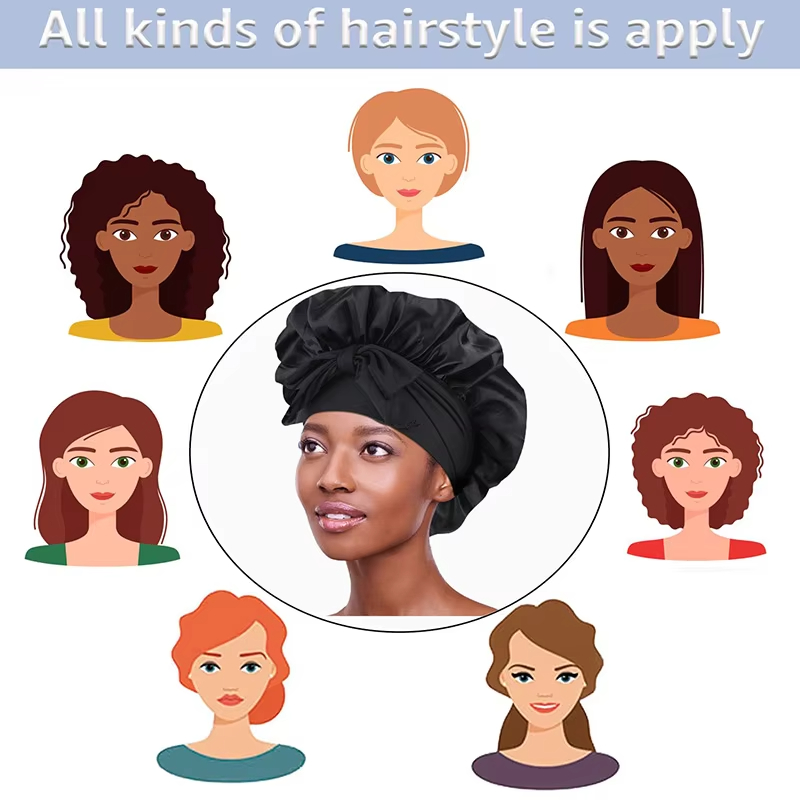 Gorro de cetim de seda ajustável bon para dormir gorro de cabelo com faixa de gravata para encaracolado dreadlock trança cuidados com o cabelo
