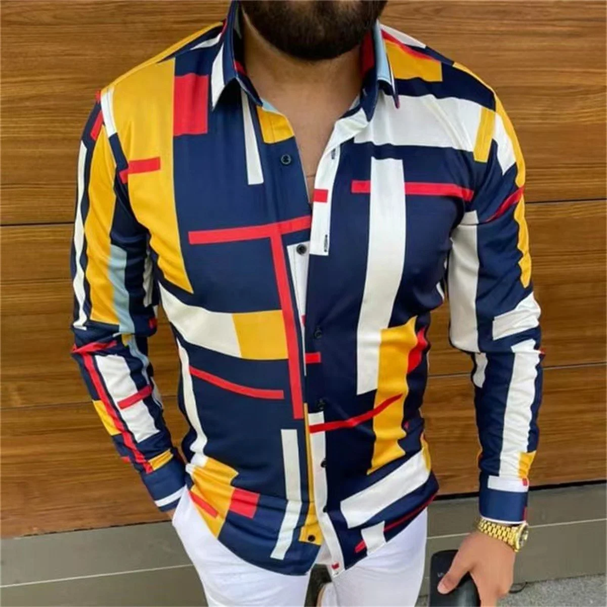 Tiki เสื้อหรูหราไฮเอนด์ของผู้ชายเสื้อเชิ้ตเรียบแขนยาวสไตล์ฮาวายพิมพ์ลายสี3D สำหรับฤดูใบไม้ร่วง