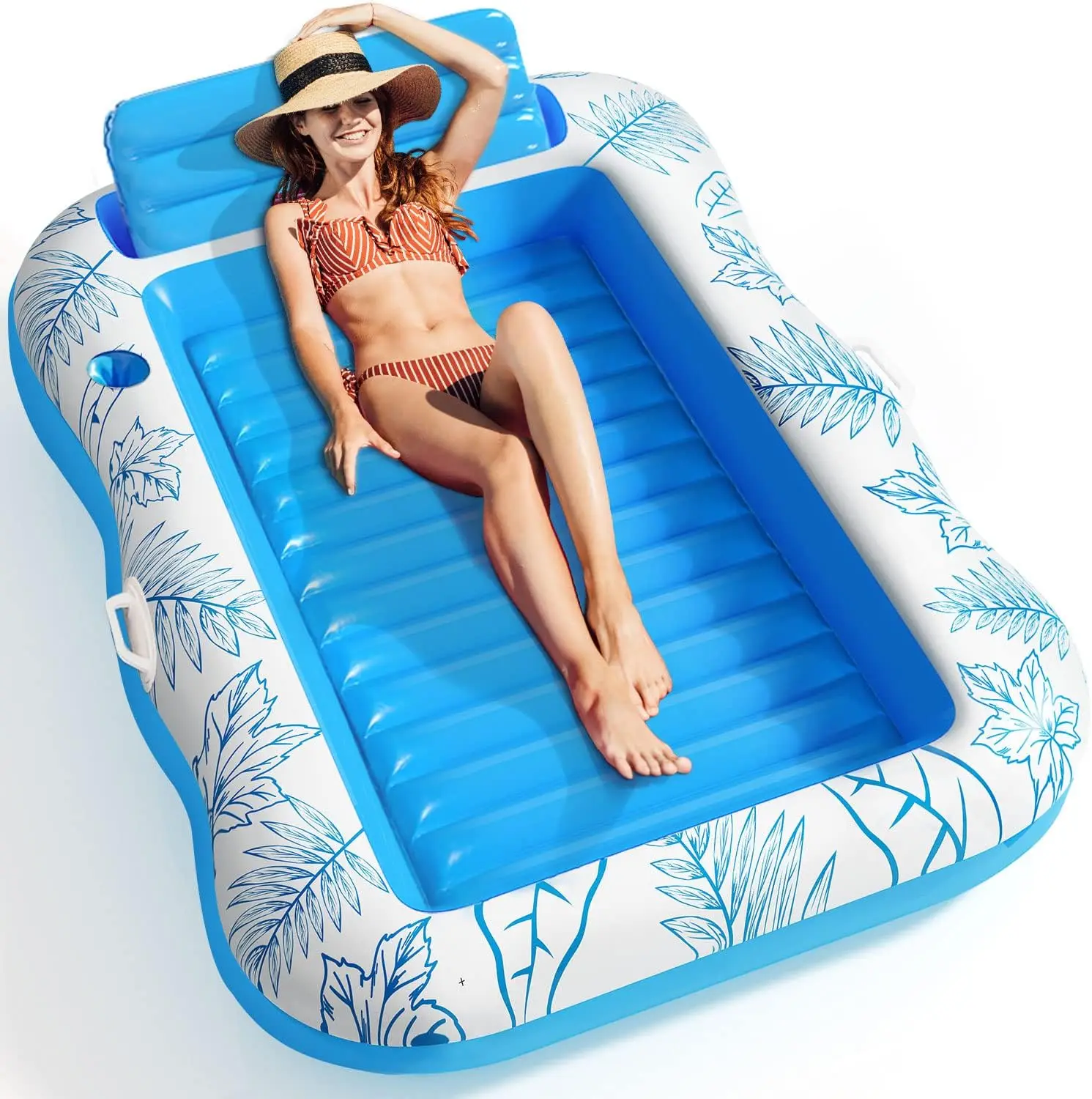 PVC Inflatable Pool Lounger Float 82*54 Inch Beach Sun Tanning Float Raft With Drink Holder Swimming Mattress Mat