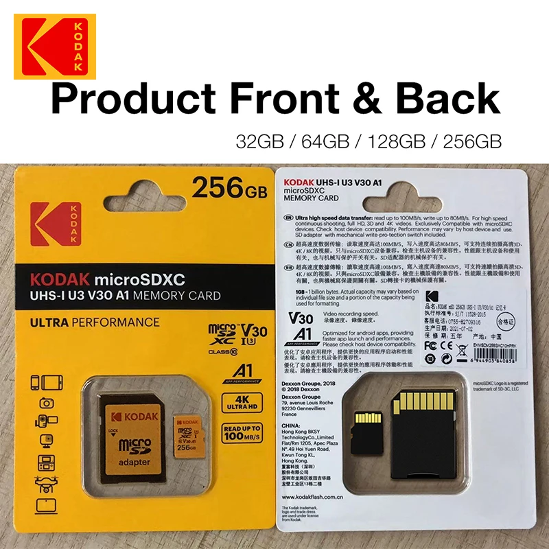 Original KODAK 32GB 64GB 128GB 256GB 64GB U3 4K Micro TF SD การ์ด 64G SDHC Mini microsd UHS-I C10 TF Trans Flash การ์ด