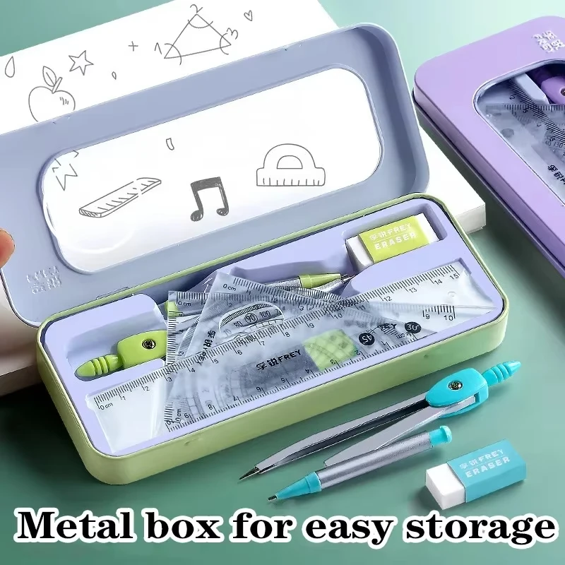 7 teile/satz Kompass und Lineal Sets Dreieck Lineal Winkelmesser Gummi Student Prüfung Spezifische Lineal Box Set Lineal Set Schule Beginnt