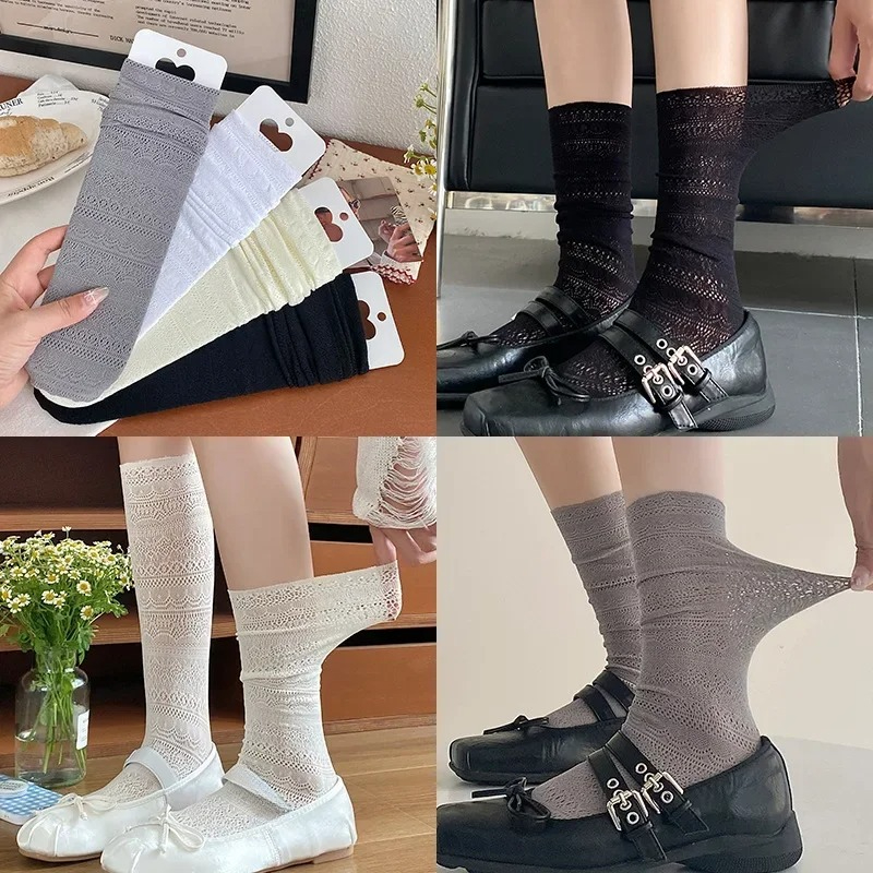 Calcetines de pelo blanco dulce Lolita para mujer, calcetines de encaje de flores Retro de seda de nailon fino ahuecados de malla, calcetines transparentes para mujer