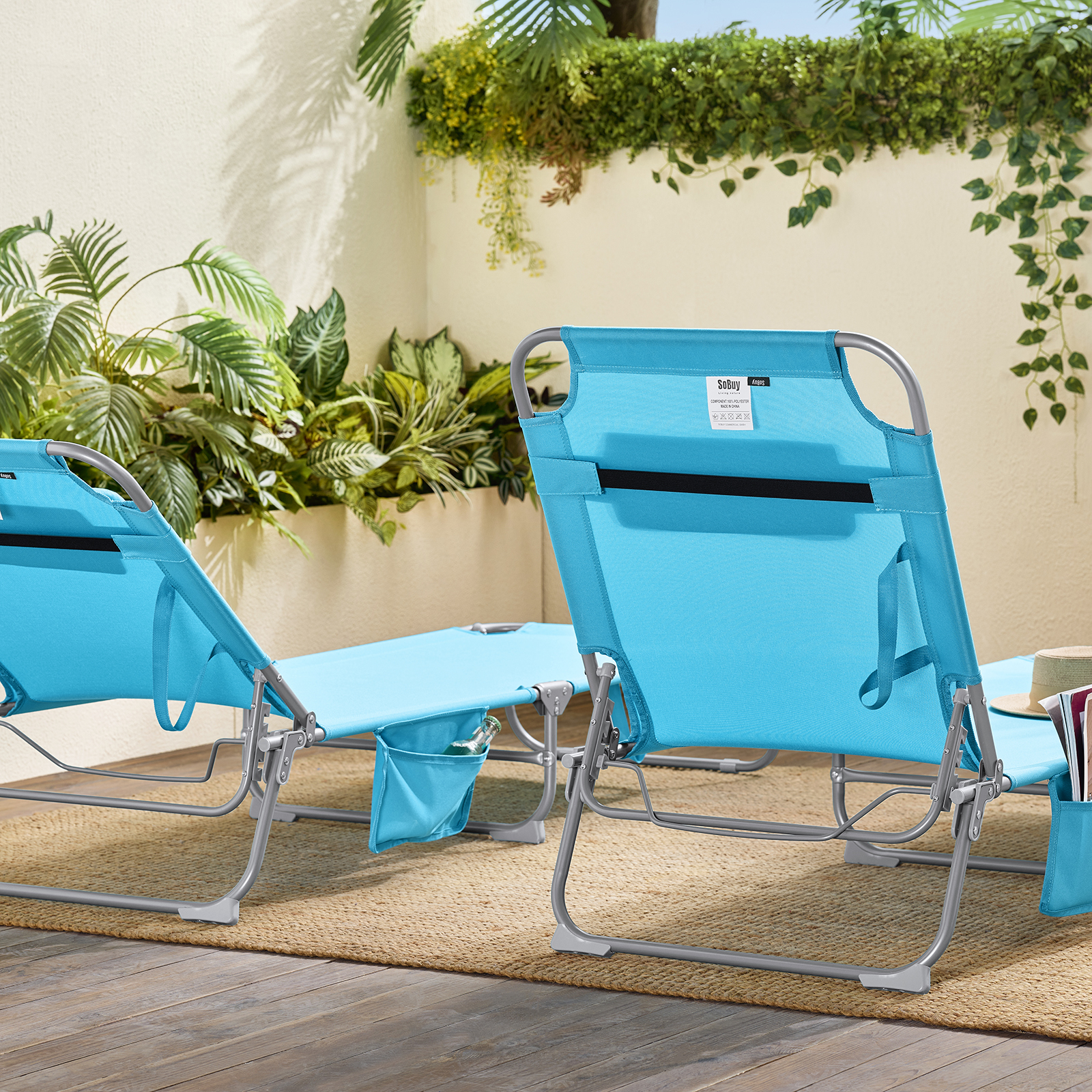 SoBuy OGS35 chaise longue de jardin avec sac latéral et oreiller chaise longue pliante aérée pour jardins, cours plages