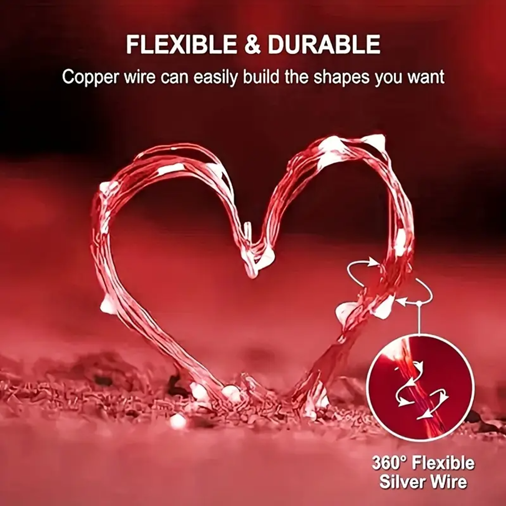 5m 50LED Fairy Light AA Battery Powered, Red Copper Wire Light, Suitable for Bedroom, Christmas, Party Decoration