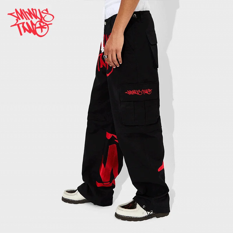 Menos dos Y2K moda calle pantalón negro múltiples bolsillos Cargo pantalones hombres mujeres alta cintura recta Joggers pantalones deportivos holgados