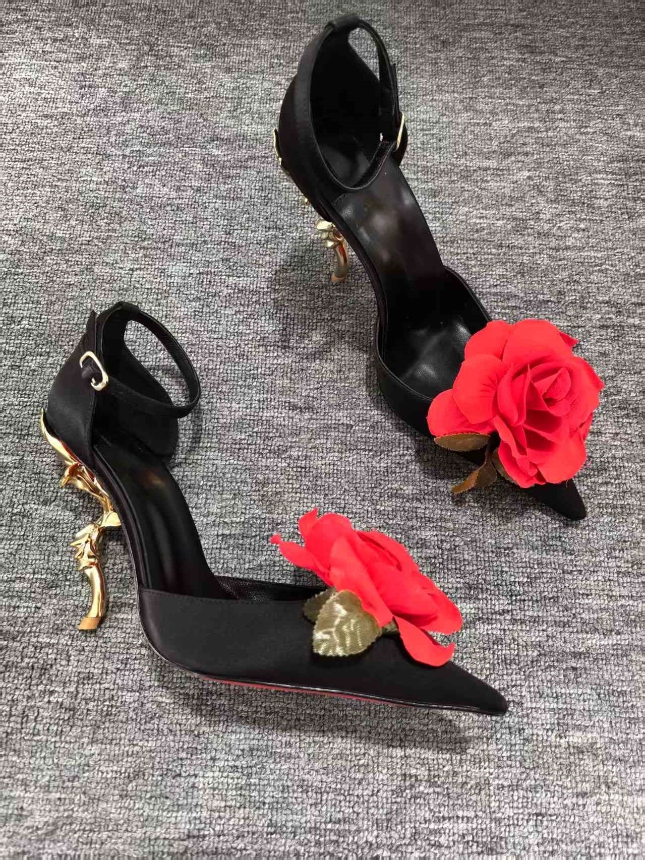 Flower Sandals Engrave Heels Ankle Strap Women Shoes Point Toe Zapatos De Mujer Designer Chaussures Femme Dress Sandalias Sexy