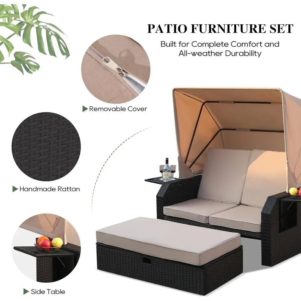 Outdoor Wicker Loveseat - Patio Furniture Set with Retractable Canopy, Adjustable Back, Side Table, Ottoman, Cushion