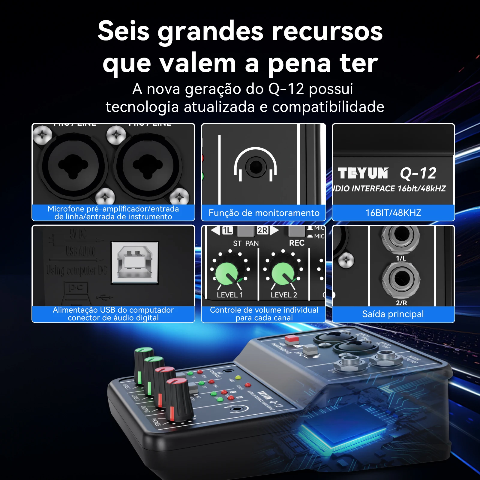Teyun Q-12 placa de som misturador de áudio placa de som console interface do sistema de mesa 4 canais 48v potência estéreo placa de som do computador