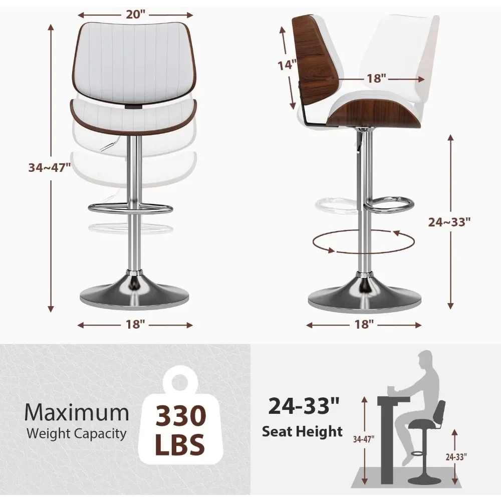 Swivel Bar Stools Set of 4, Adjustable Bentwood Barstools, Modern PU Leather Upholstered Bar Chair with Back and Footrest