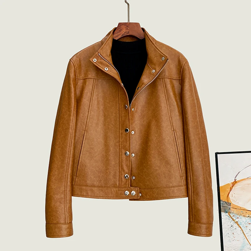 100 % echte Schaffelljacke für Damen, modisch, Stehkragen, kurze Moto- und Biker-Frauenmäntel, lässige schwarze echte Lederjacken M-3XL
