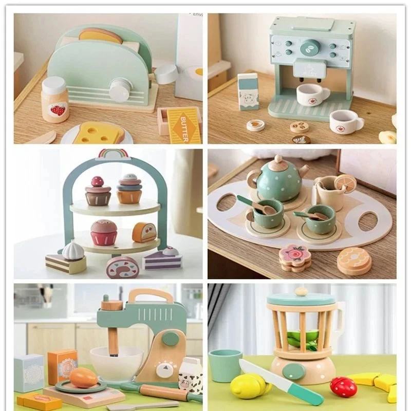 나무 주방 척 놀이 장난감 티 파티 세트 어린 소녀 커피 메이커 세트 케이크 아이스크림 차 Playset 3 4 5 6 세 소녀