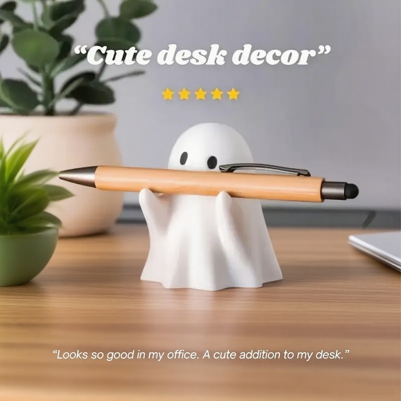 Cute Halloween Ghost Pen Holder Little Ghost Statue Design Pencil Support for Home Office Desktop Decoration