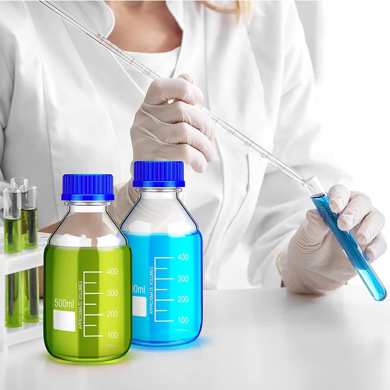 WESTTUNE 1 Pz 25-1000 ml Lab Marrone/Trasparente Bottiglia di reagente rotonda graduata Bottiglie di stoccaggio multimediale in vetro con tappi a vite GL45 blu