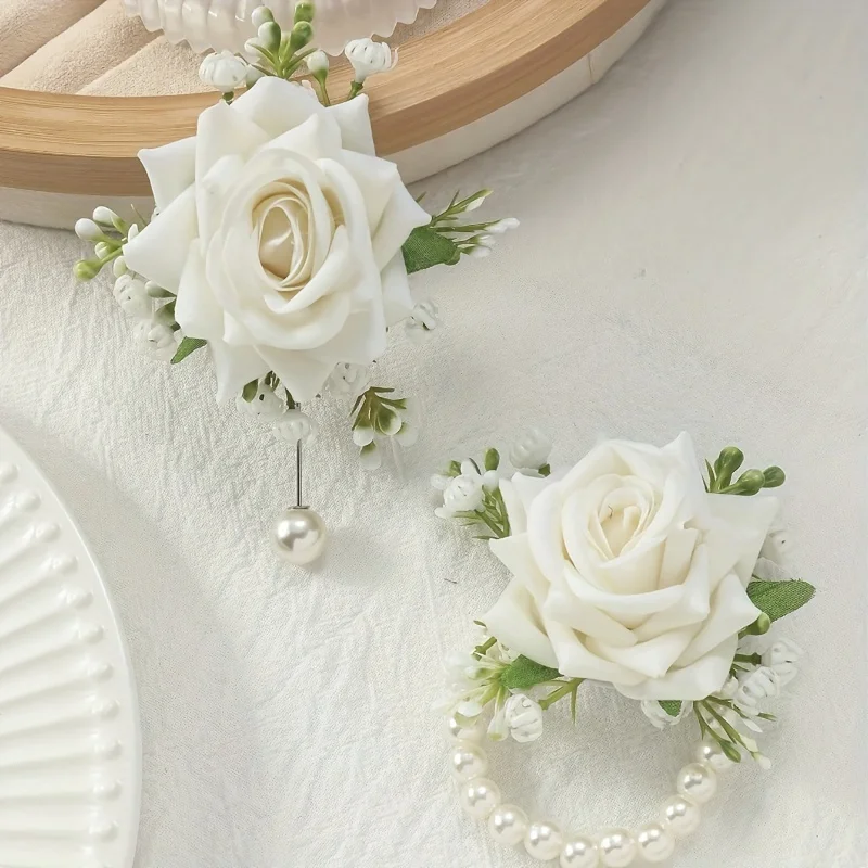 [2pcs Elegant Rose Corsage Set] 2pcs Elegant Rose Corsage and Wrist Flower Set in Polyester Fiber for School Events, Parties