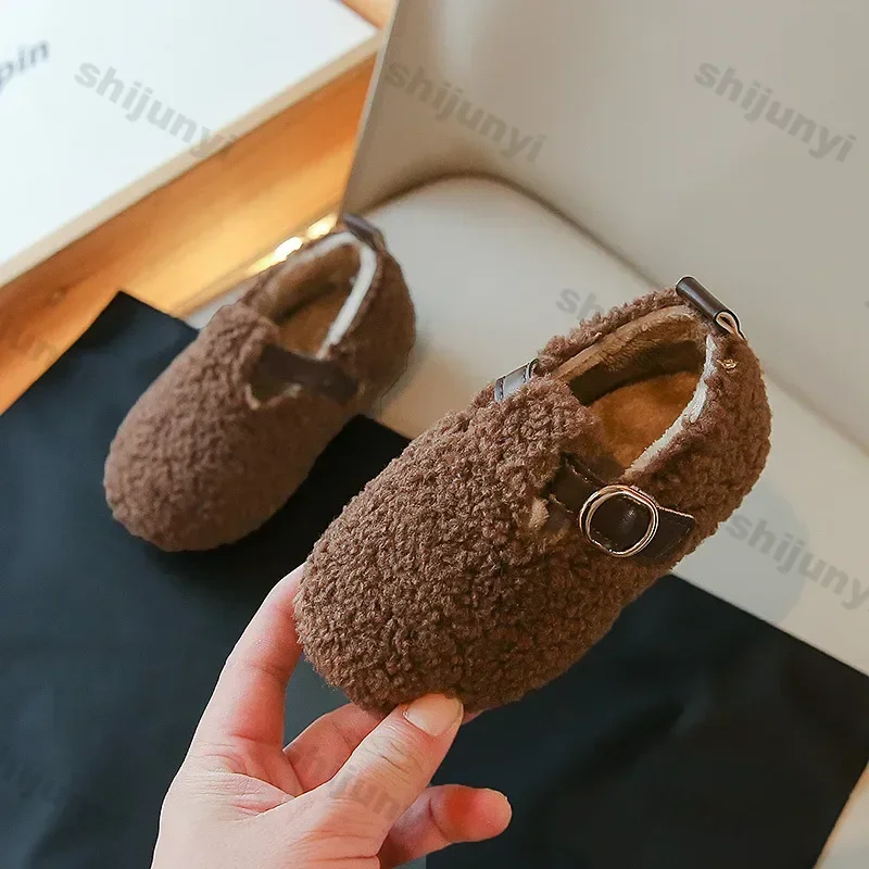 เด็กรองเท้าผ้าฝ้ายอุ่นฤดูหนาวใหม่ชายหญิงแบนขนสัตว์ Toe รองเท้าอุ่นรองเท้าลื่น Comfy Soft Sole รองเท้าแตะ Plush