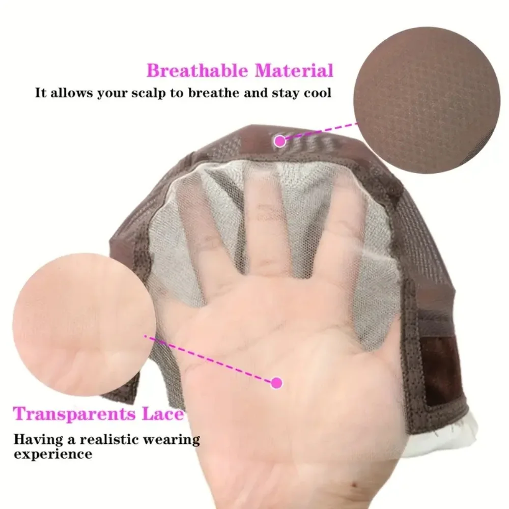 Peruca de renda feminina com aperto ajustável, tampas de peruca para antiderrapante com recortes de orelha, faixa de cabeça de velcro ajustável, presente de bandagem e escova