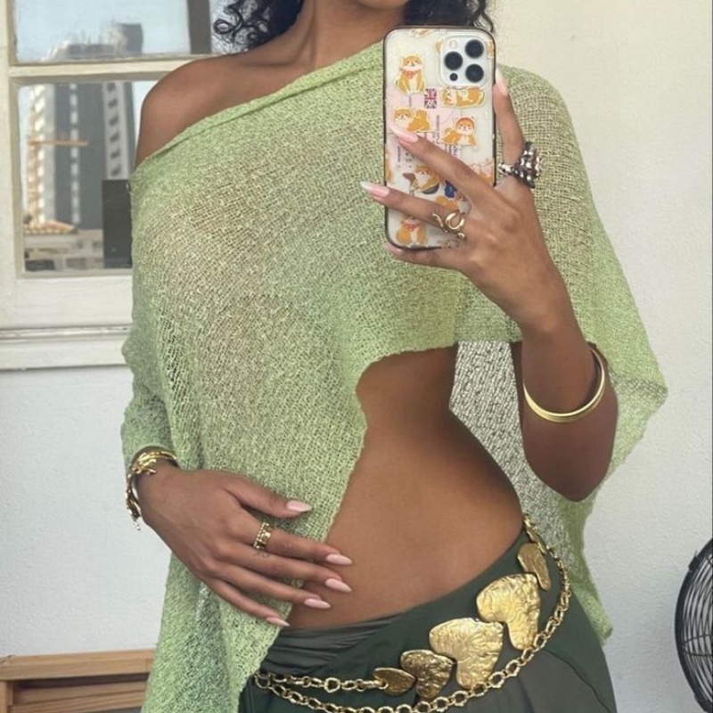 Durchsichtiges Poncho-Oberteil für Damen, leicht gestrickt, Achselzucken, Schal, schulterfrei, Netzbluse, Überwurf-Oberteile
