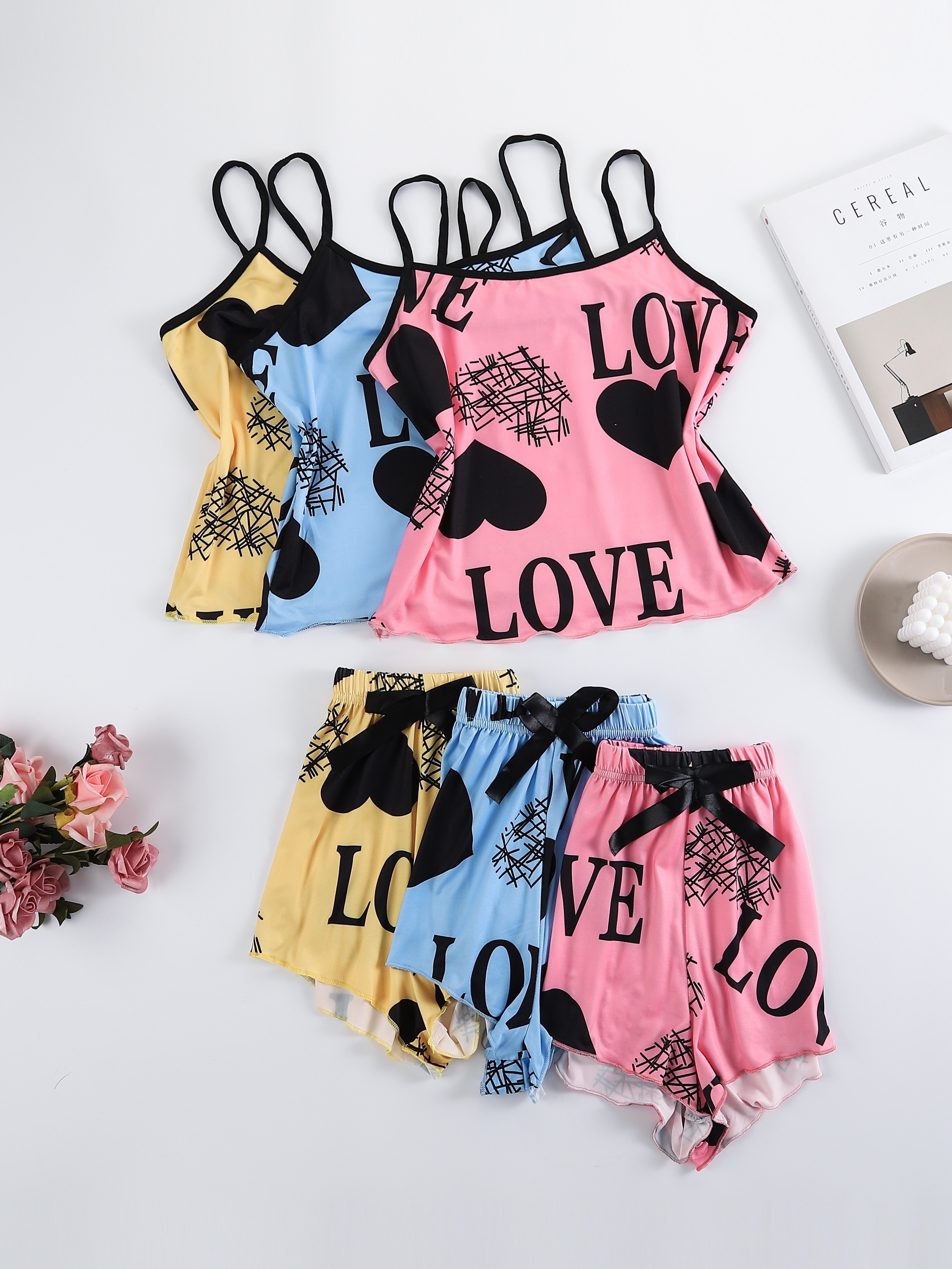 Liebe Druck Pyjama Set Frauen Sommer Cami Top und Shorts Loungewear Nachtwäsche Nette Herz Brief Drucken Nachtwäsche Hause Kleidung