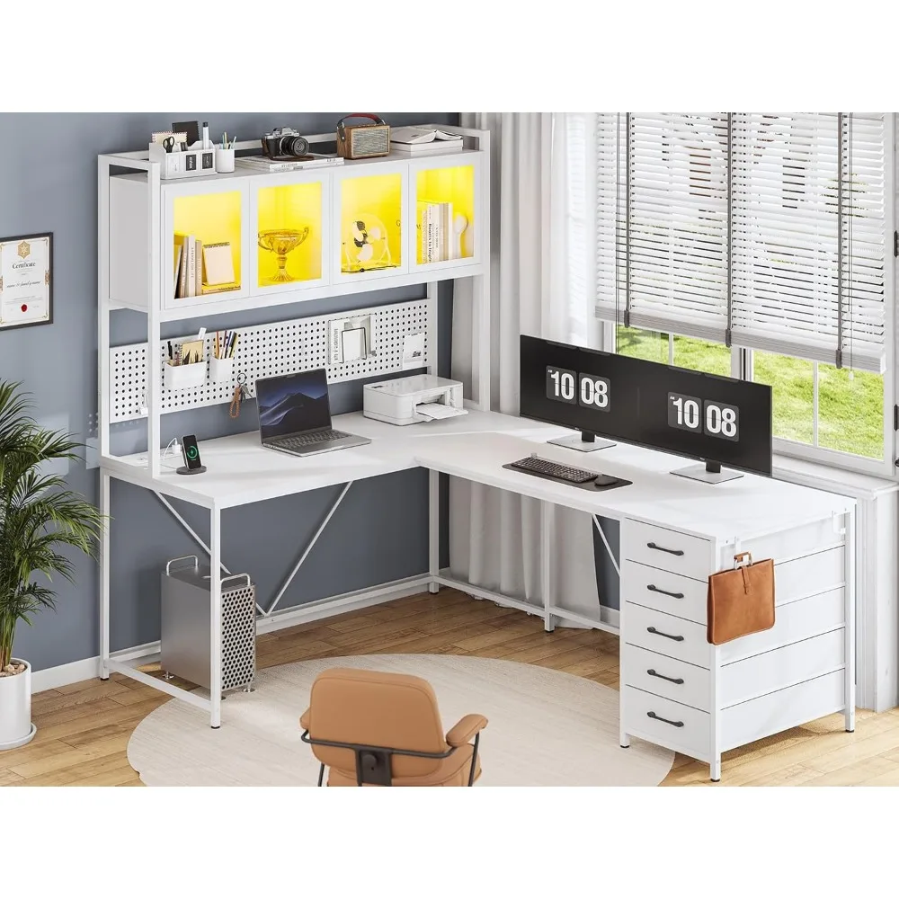 L Shaped Computer Desk with Hutch and Storage Shelves, Gaming Desk, Led Lights, and Power Outlet, Home Office Desk, Corner Desk
