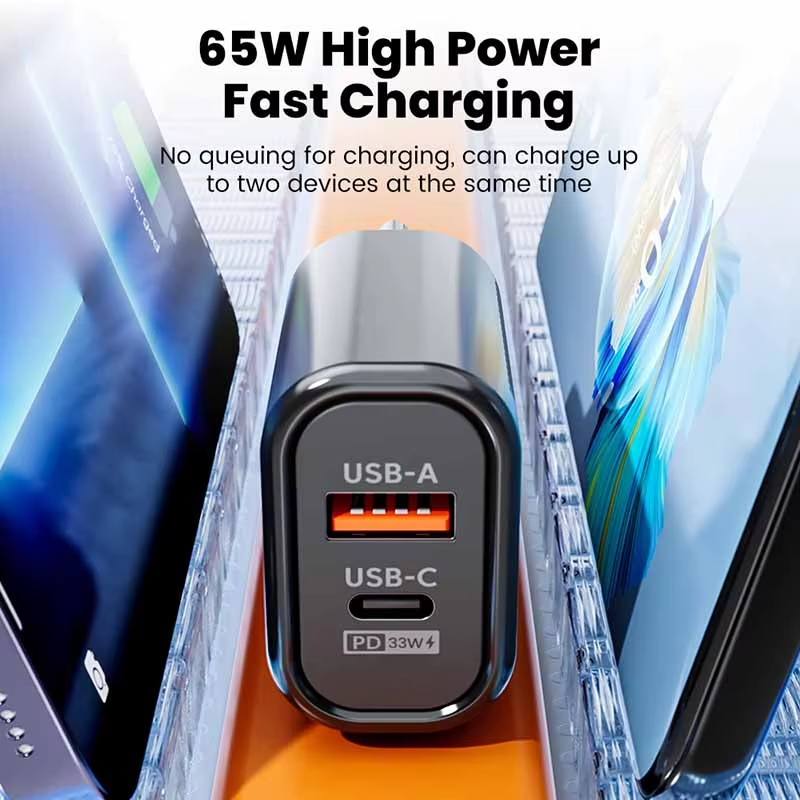 65W USB C 충전기 GaN 충전기 빠른 충전 3.0 iPhone 용 유형 C 전화 어댑터 Samsung Xiaomi Huawei 2 포트 고속 벽 충전기