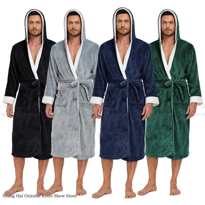 Winter Verdicken Mit Kapuze männer Lange Robe Nachtwäsche Warme Flanell Nachtwäsche Kimono Kleid Bademantel Casual Korallen Fleece Homewear Pyjama