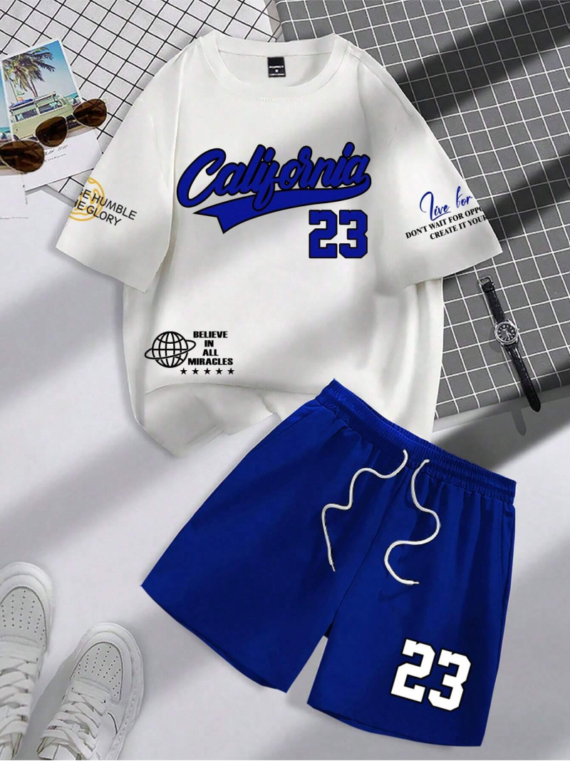 Tendência de verão conjunto de manga curta masculina gola redonda com estampa alfanumérica personalizada, camiseta e shorts com duas peças