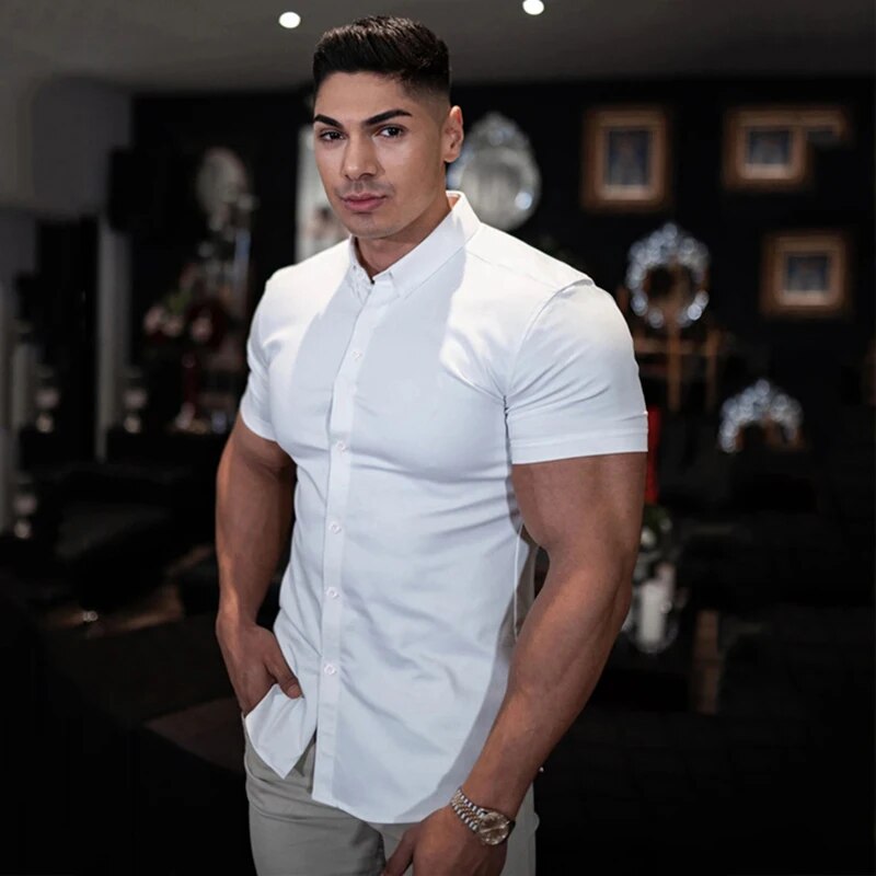 Camisa de Color liso para hombre, traje informal elegante sin planchar, XL-XXXL corta, negro, blanco, azul marino, novedad de verano