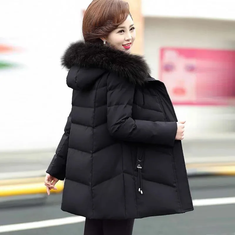 Tamanho 5xl mãe casaco de inverno com gola de pele idosos algodão acolchoado jaqueta das mulheres engrossar para baixo jaqueta acolchoada com capuz parka