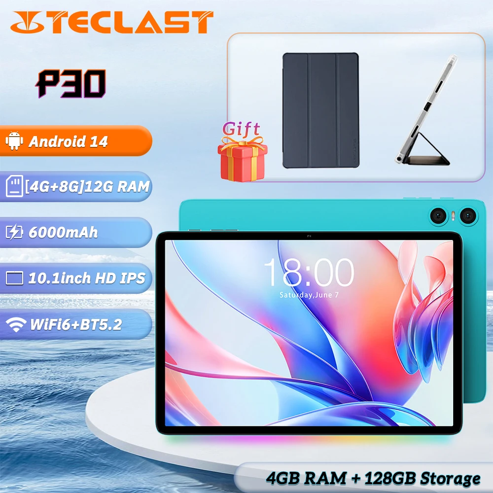 Планшет Teclast P30 Android 14, 10,1 дюйма, максимальная оперативная память 12 ГБ, 128 ГБ оперативной памяти, 1280x800 Ips, Unisoc T606, 8 ядер, 6000 мАч