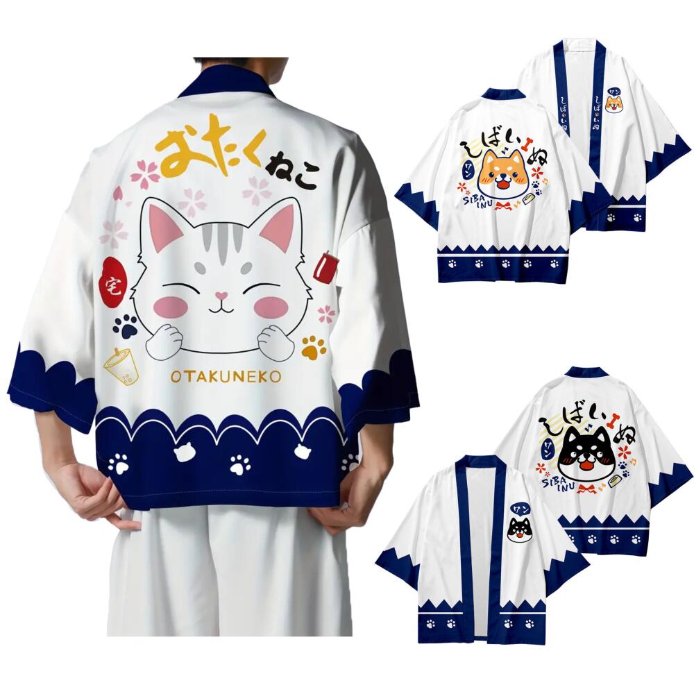 Cardigan quimono japonês com padrão de cachorrinho fofo para homens e mulheres, gato Haori estampado 3D universal, roupas tradicionais Yukata
