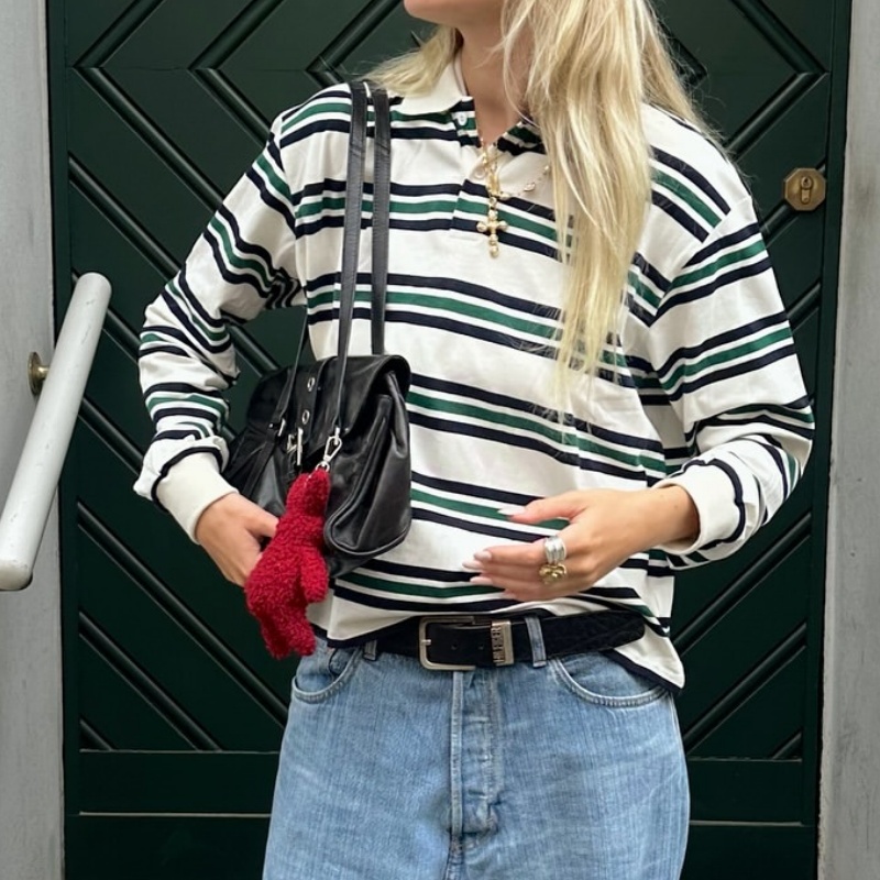 Frauen Gestreiftes Rugby-Shirt Reverskragen Vintage Oversize Langarm Pullover Y2k T-Shirt Lässige Sweatshirts