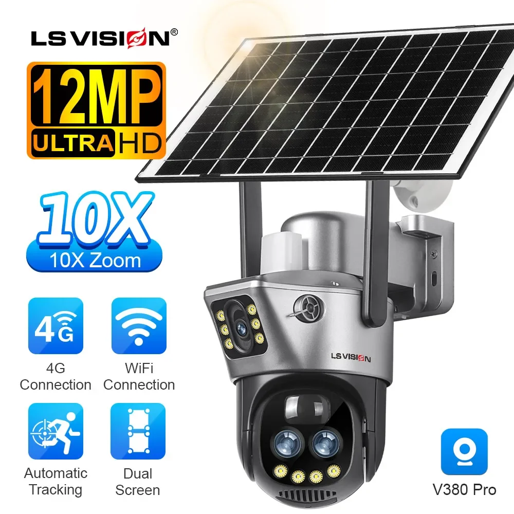 LS VISION 6K 10X Zoom 4G Sim pantalla Dual cámara alimentada por energía Solar exterior tres lentes PTZ cámaras de seguridad de seguimiento automático aplicación V380 Pro