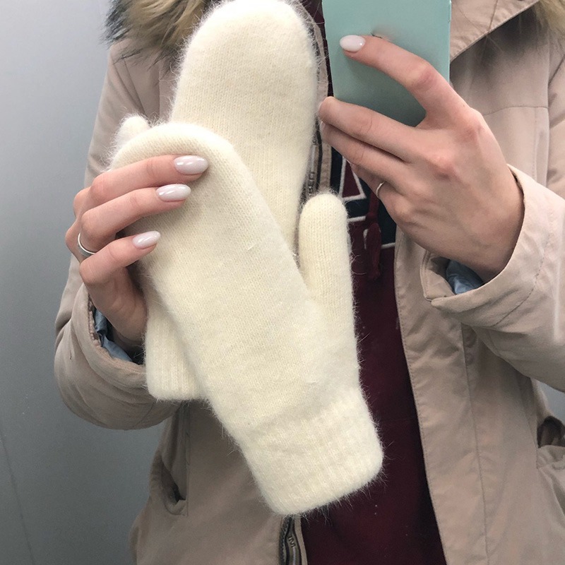 1 par de guantes de felpa para mantener el calor para mujer, manoplas elásticas suaves con dedos completos, guantes tejidos de piel de conejo de imitación a la moda para niñas