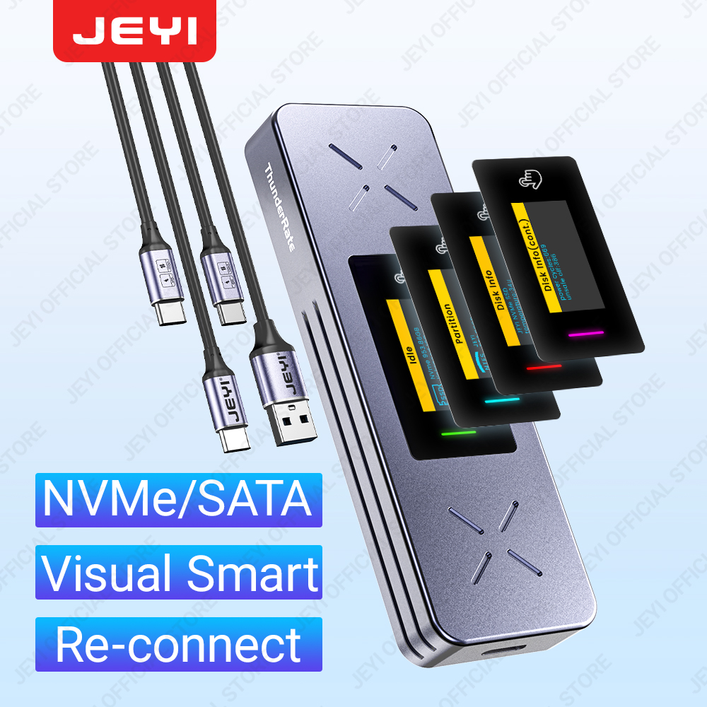 JEYI Visual Smart M.2 NVMe NGFF SSD Gabinete, suporta proteção de gravação 5s, reconexão 3s, USB 3.2 Gen2 10 Gbps, guarnição UASP