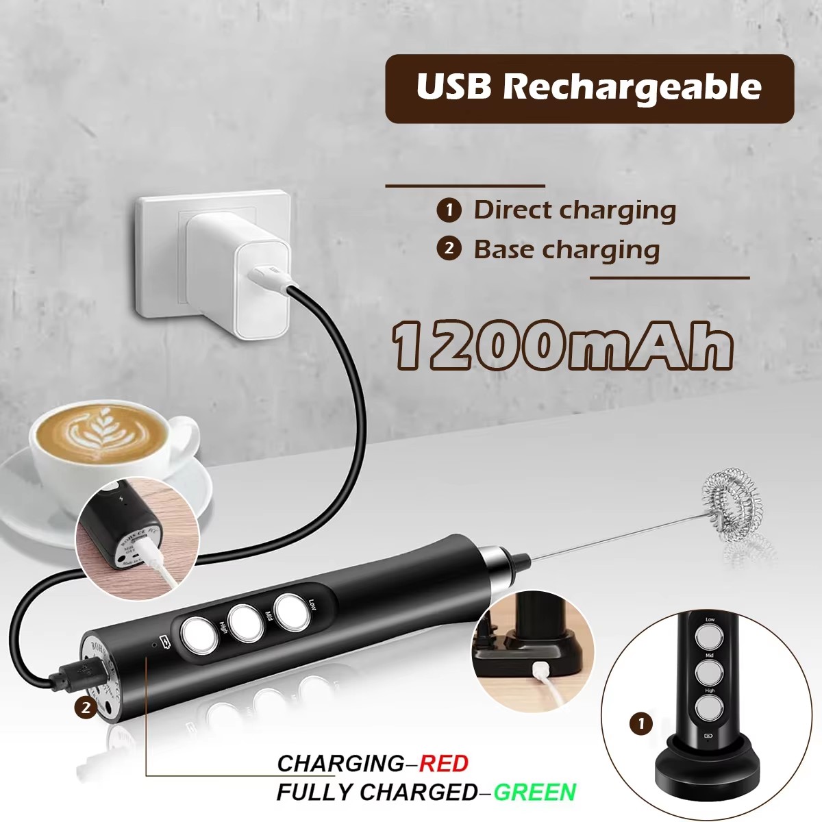 Espumador de leche eléctrico recargable inalámbrico - 3 velocidades, fabricante de espuma de mano para leche, capuchino, chocolate caliente - Recarga USB