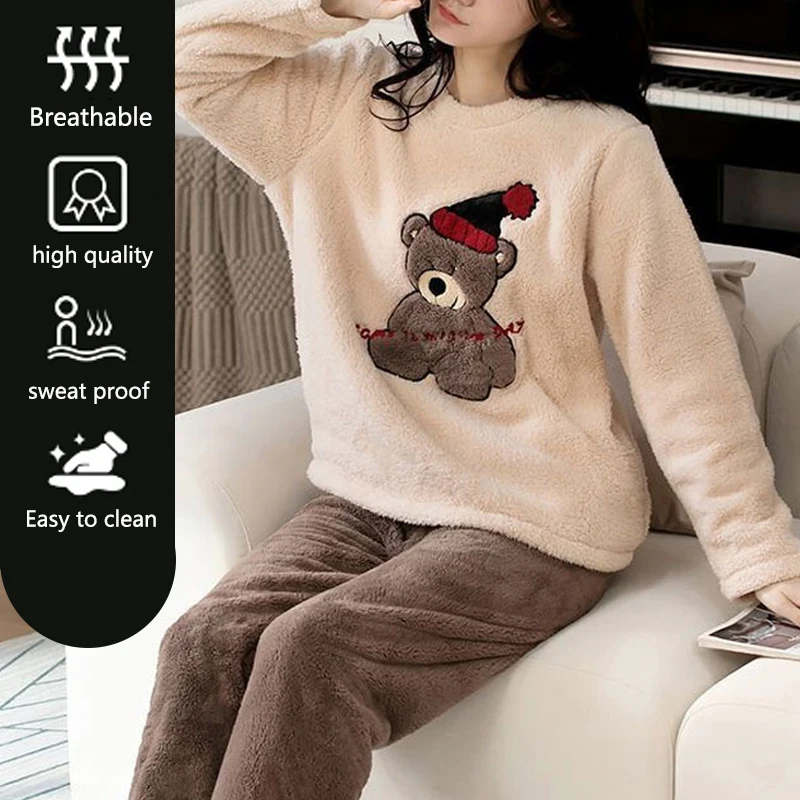 Mulheres tamanho grande Pijama acolchoado, espessado, manga comprida, calça comprida, veludo coral, urso dos desenhos animados, quente, outono, inverno, 2 peças conjunto
