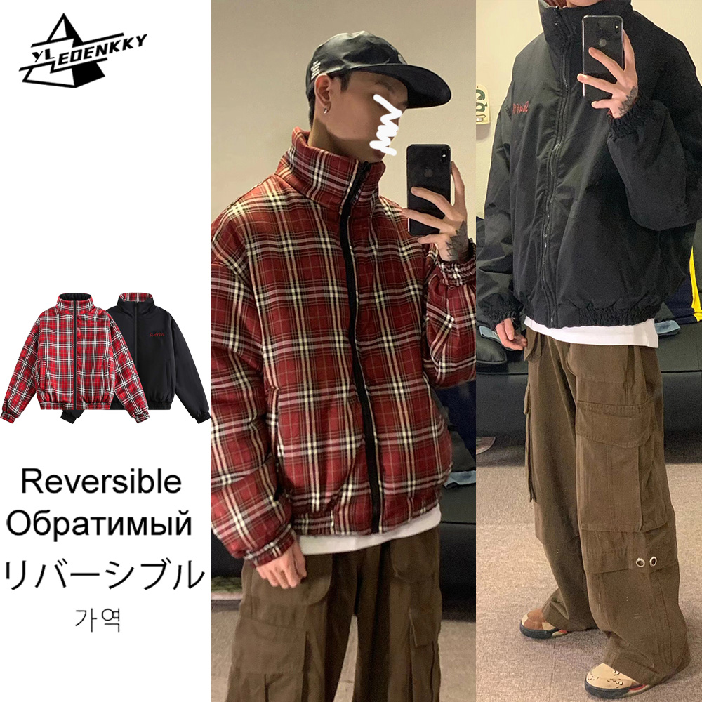 Reversible Parkas Men Women Vintage Color-blocked Lattice Thickened Jackets Stand-up Collar Warm Loose Coats Winter Couple Tops