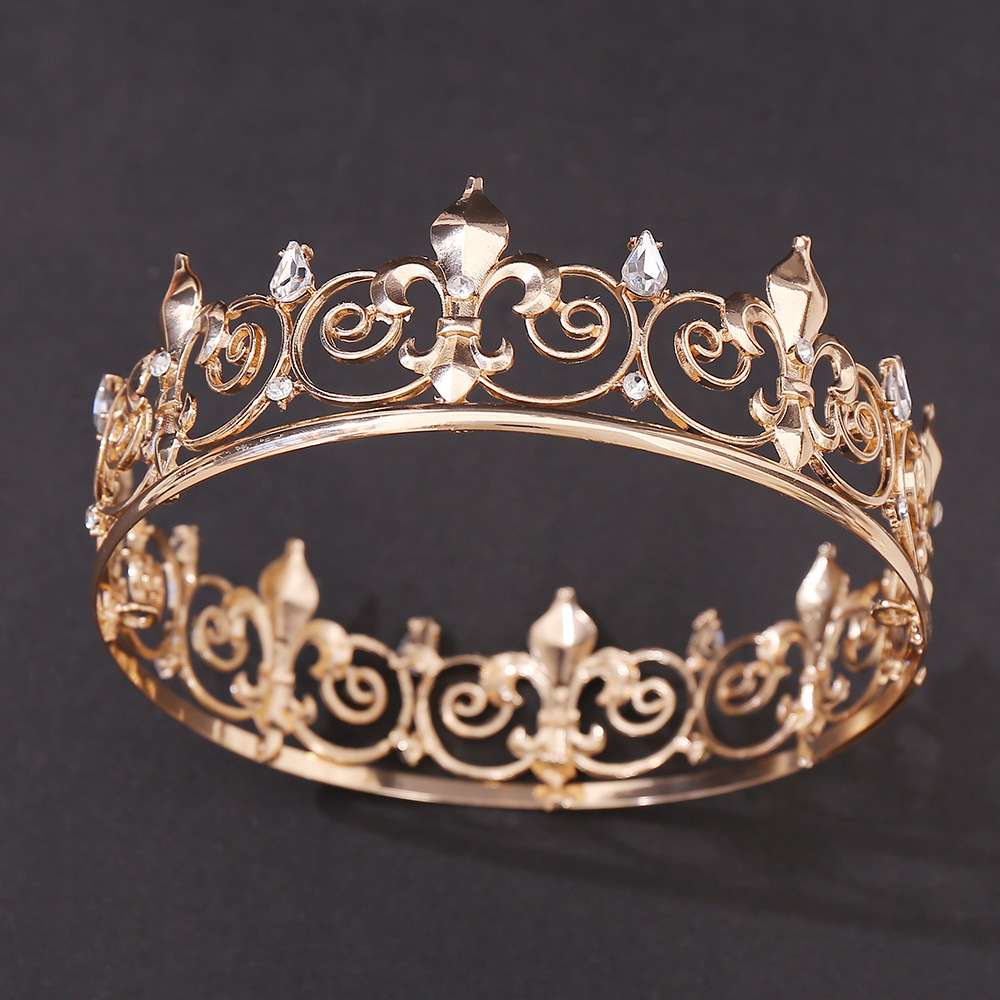 Klassische König Haarschmuck Krone Barock Vollkreis Gold Strass Legierung Krone Männer und Frauen Party Kopf bedeckung Hochzeit
