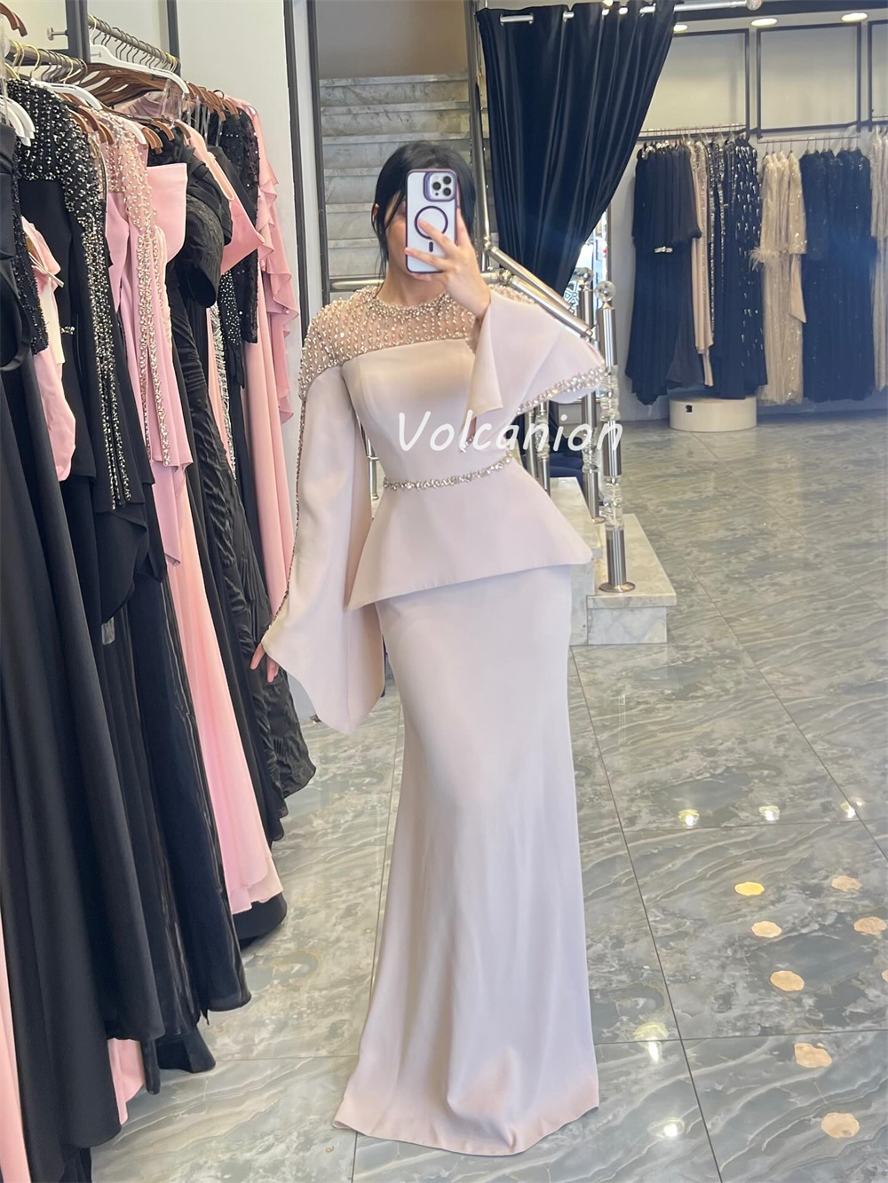 Maßgeschneiderte, hochwertige, klassische Jersey-Perlen, Pailletten, gerade, U-Ausschnitt, lange Kleider, maßgeschneiderte Anlasskleider, exquisit